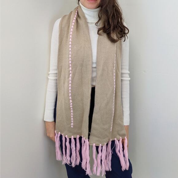 Y2K Tan and Pastel Pink Fringe Fall Winter Scarf - Picture 2 of 4